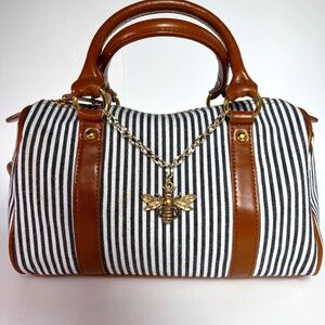 NEW DIRECTIONS “Honey Bee” Striped Cloth Handbag with Bee Charm
